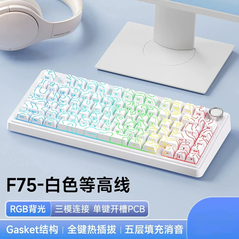 Aula F75 Mechanical Keyboard Multifunctional Knob 3 Mode RGB Hot Swappable Game Keyboard Pad Pc Game Computer Accessories Gift