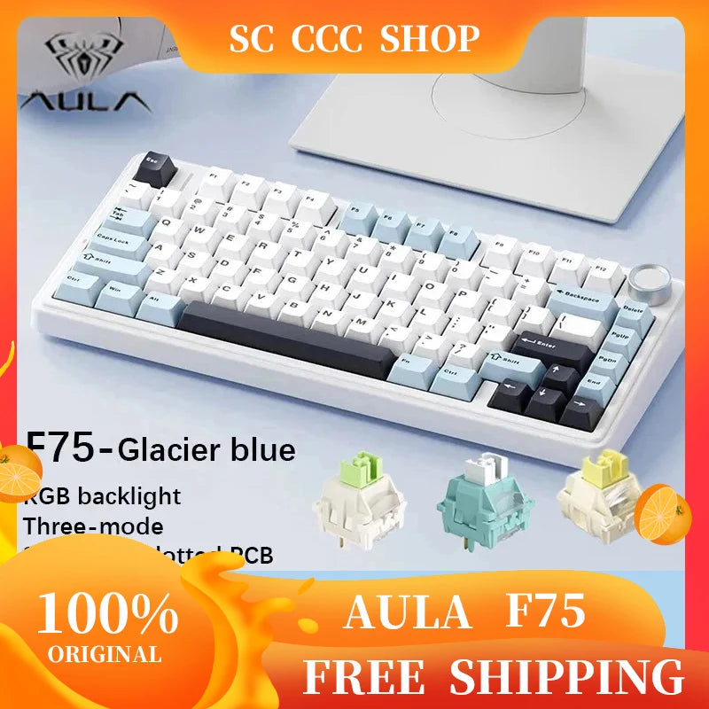Aula F75 Mechanical Keyboard Multifunctional Knob 3 Mode RGB Hot Swappable Game Keyboard Pad Pc Game Computer Accessories Gift