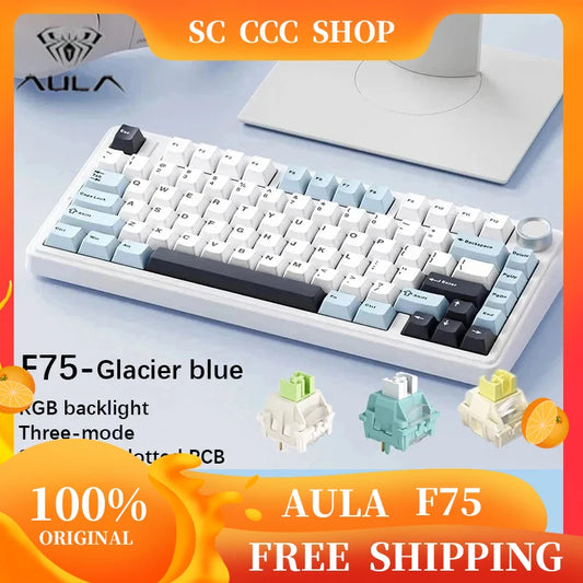 Aula F75 Mechanical Keyboard Multifunctional Knob 3 Mode RGB Hot Swappable Game Keyboard Pad Pc Game Computer Accessories Gift